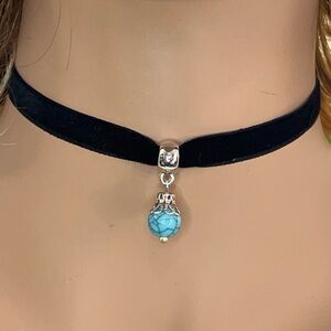 Elegant Black Choker Necklace with Turquoise Pendant